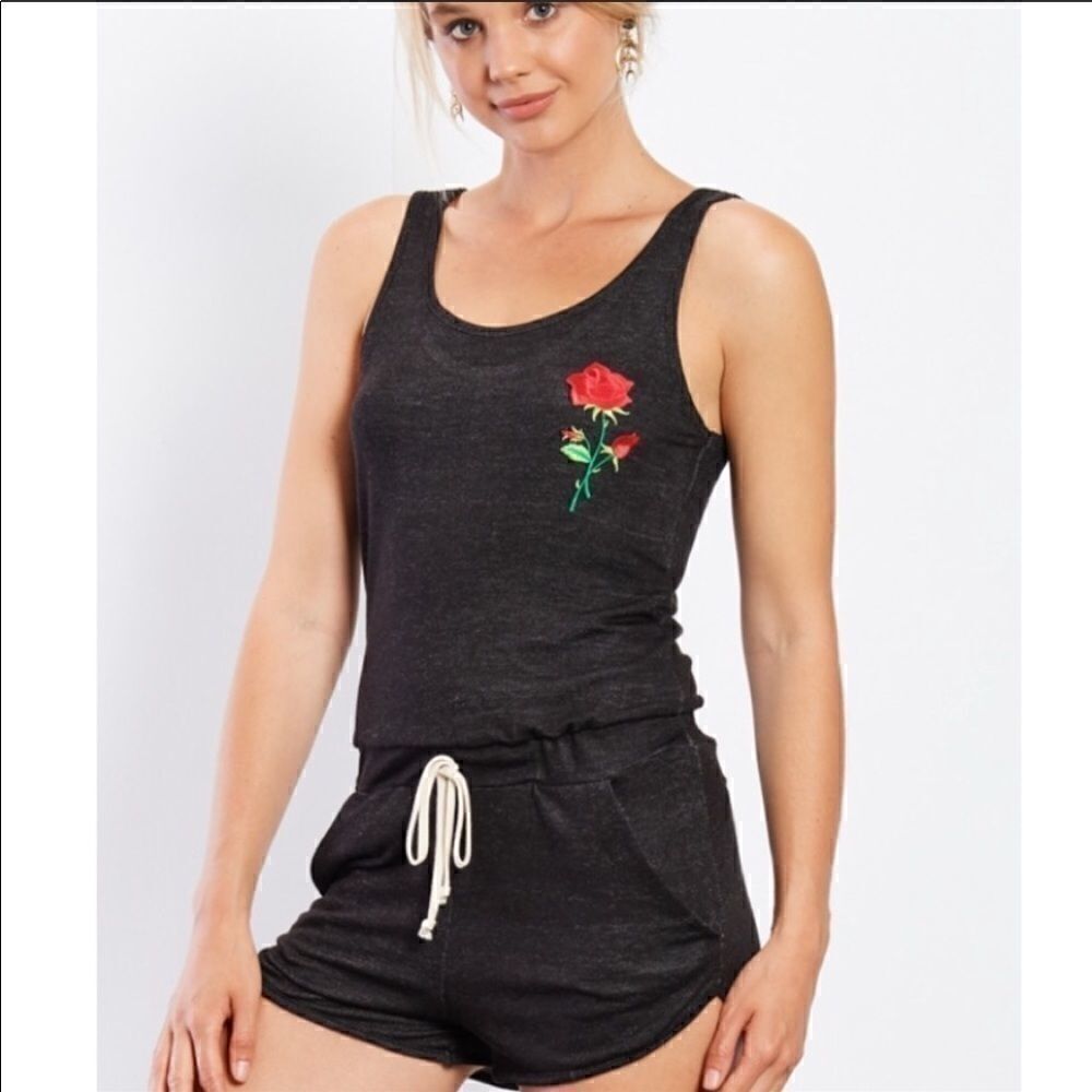 Embroidered Rose Black Romper  